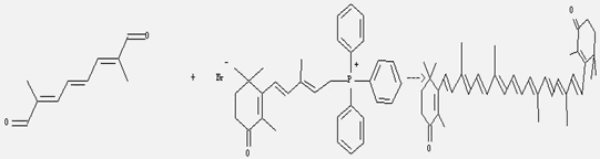 Canthaxanthin can be prepared by (2E,4E,6E)-2,7-dimethyl-octa-2,4,6-trienedial and (2E,4E)-[5-(2,6,6-trimethyl-3-oxo-1-cyclohexen-1-yl)-3-methyl-2,4-pentadien-1-yl]triphenylphosphonium bromide.